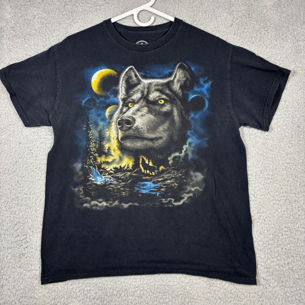 Black Wolf Graphic Nature Moon Forest Short Sleeve Tee Dom T-Shirt Mens M